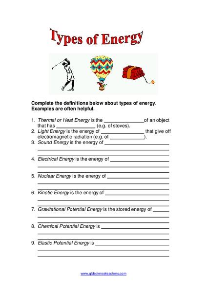 types of energy worksheet 5th grade